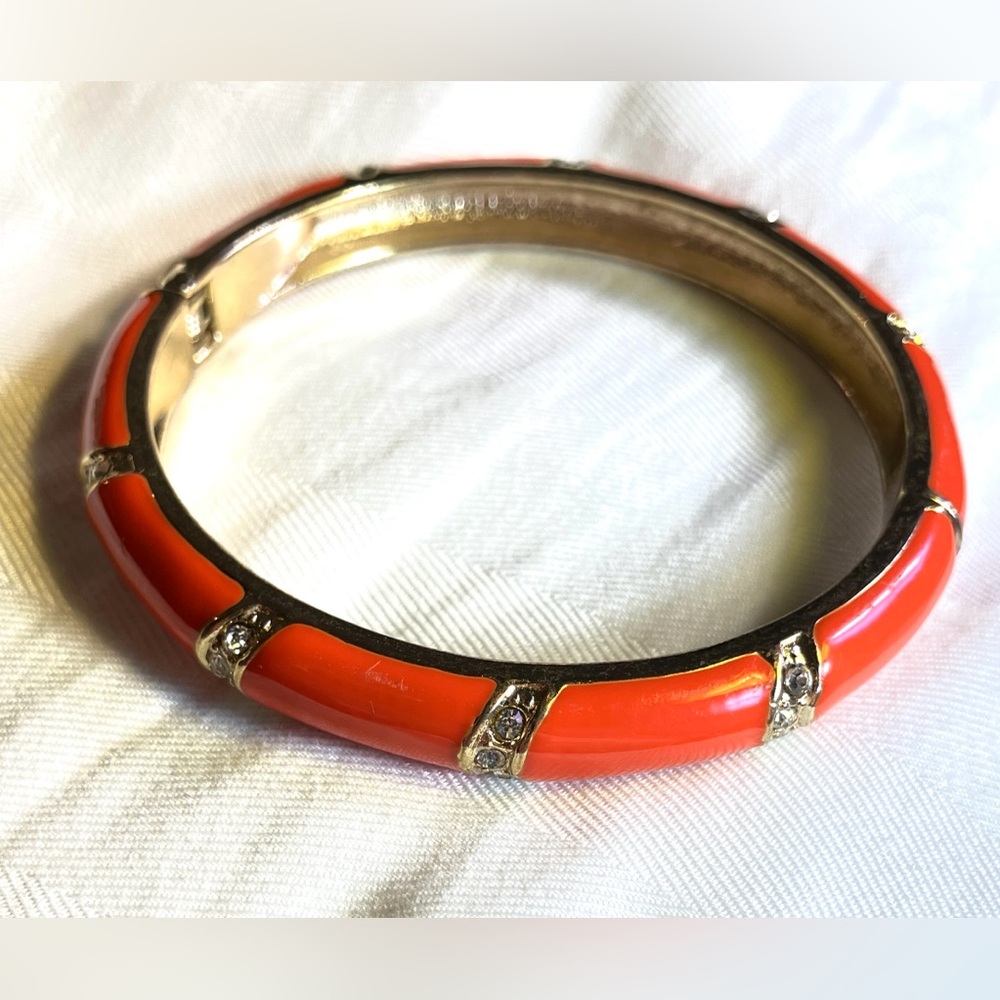 Elegant Orange Enameled Rhinestone Gold Bangle Bracelet